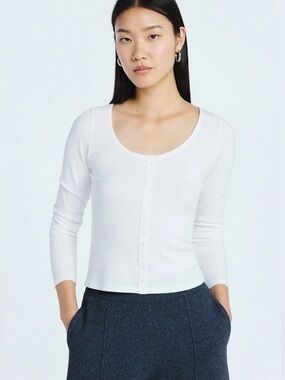 Scoop Cream Lace Trim Scoop Neck Ribbed Long Sleeve Tee
